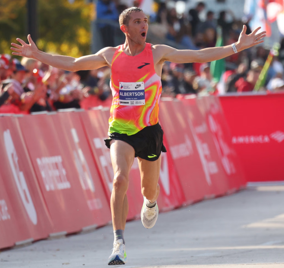 TRR Coach CJ Albertson finishing the 2024 Chicago Marathon in 7th overall and 1st American in a time of 2:08:17! PC: Michael Reaves/ Getty Images