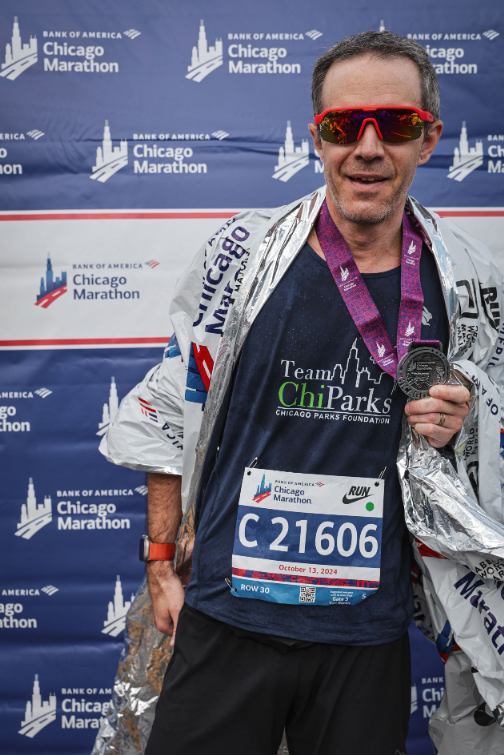 Team RunRunner Michael Norton after finishing the 2024 marathon.