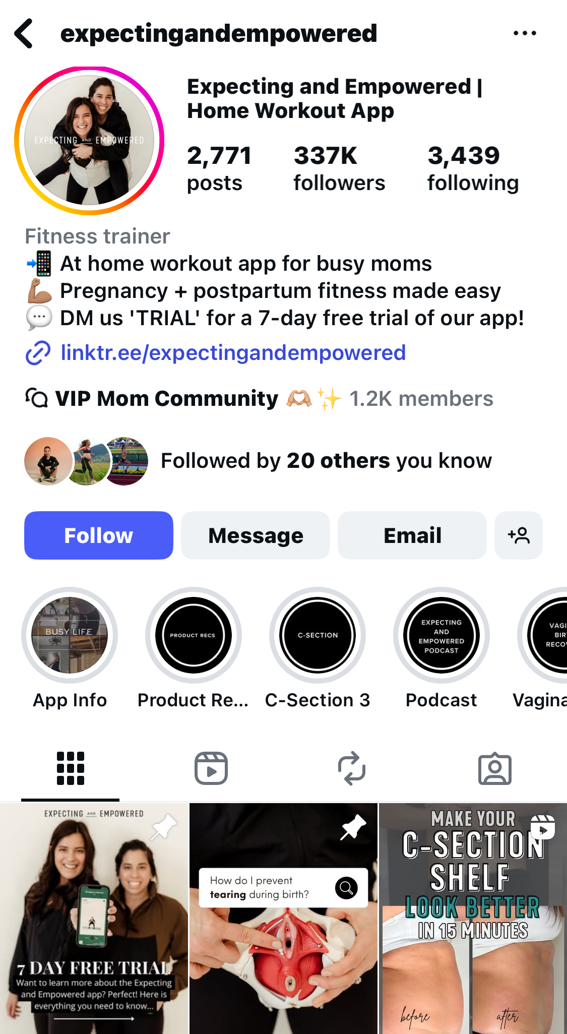 Expecting and Empowered's Instagram page with pelvic floor physical therapy resources.