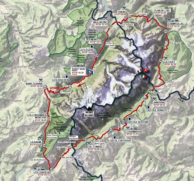 UTMB 108.1-mile race course map.