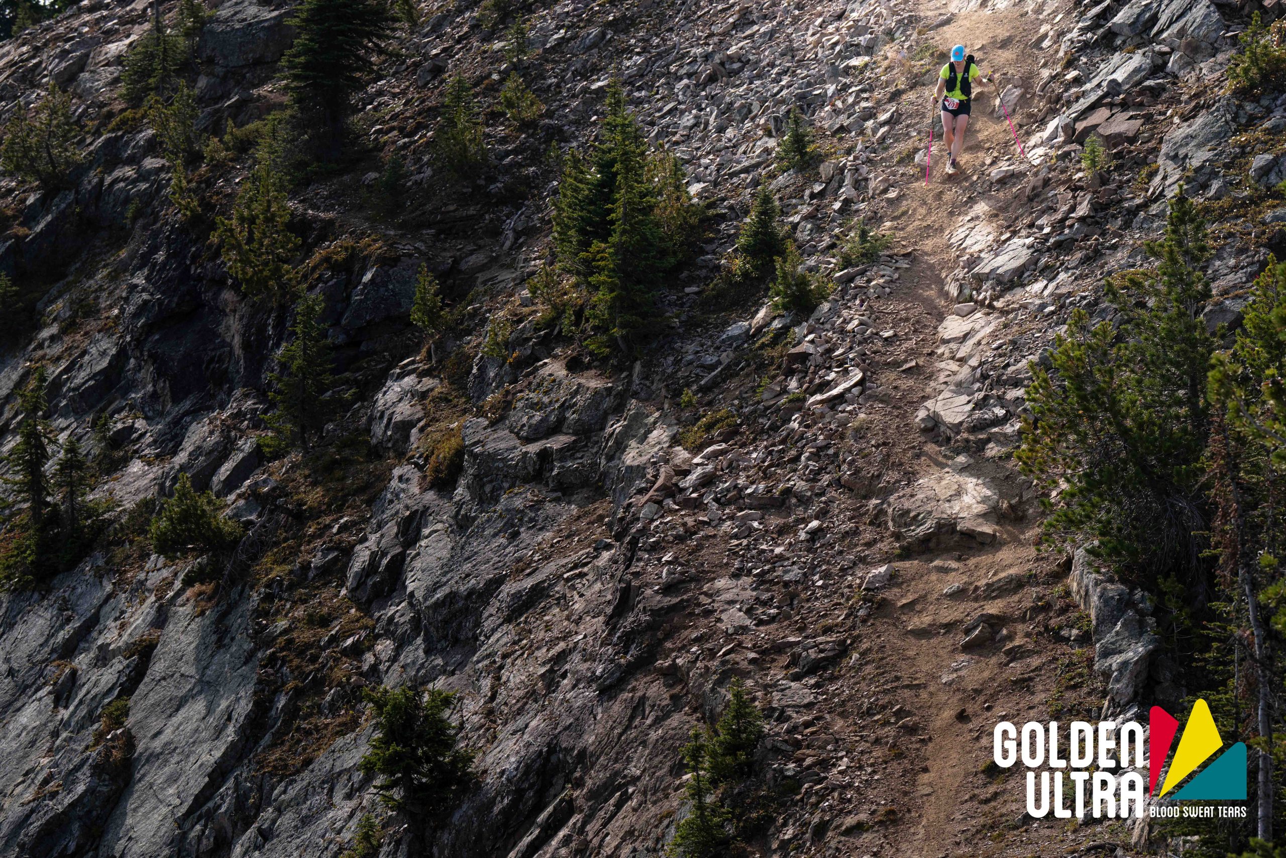 Jennifer Kozak descending a steep climb during the Golden Ultra 60K. PC: Jonathan McLeod
