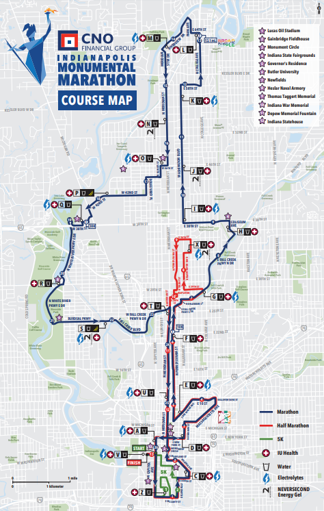 Indianapolis Monumental Marathon course map.
